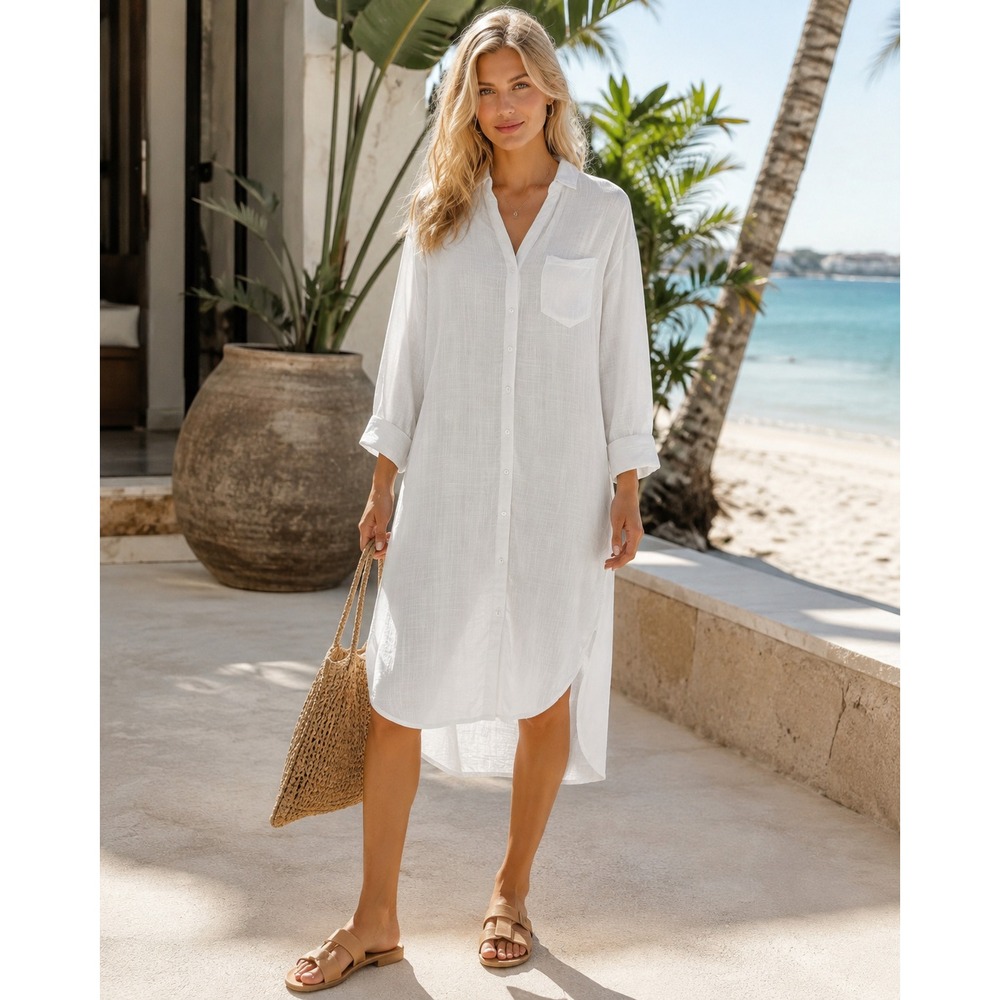 L*SPACE Barcelona Dress White Shirt Dress Coverup Button Up Pocket XS/S *No Belt